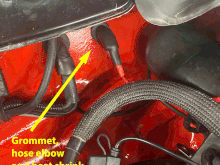 I attached the 10g wire to the positive battery post via a 30 amp inline fuse.  I put a tight-fitting piece of curved hose in the grommet, run the wire(s) through that, and then heat shrink it all to seal it.  Hard to remove the glove box to get to the other side and route the  cable down the passenger side of the car...
