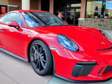 This 2018? 991 GT3 was fresh from the track, with rubber still adhered to the bumper and frunk. Guards Red?