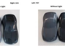 Dealer supplied photo comparing Y97 to 615 with and without light.  There is a significant difference in the two colors