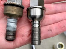 Stock '09 C2S lug bolt vs Acer Racing titanium lug bolt. Profound difference in material and manufacturing quality.