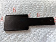 This is the adapter you need to make. it's .25" thick aluminum with a total length of 4.5" I have anodized it flat black which I did myself first time in my garage.
A=1.5" B= 2.1/8" C=3/8" D=2 3/8" E=3/4"
The two holes I got as a template from positioning the original rectangular clamp piece at E as they are off center the first 1/8" hole is 5/8" from E and 7/16" from D they are 7/8" apart.