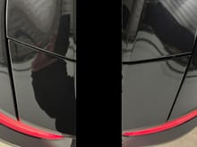 Here you can see the problem. The gaps at each end of the spoiler don't match. We need to move the entire panel slightly to the left, and bring the left side of the panel down a bit.