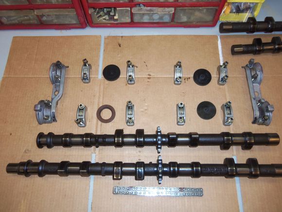 Driver's side cams, chain, bearing caps, bearing bridges, cam seals, and end plug seals.