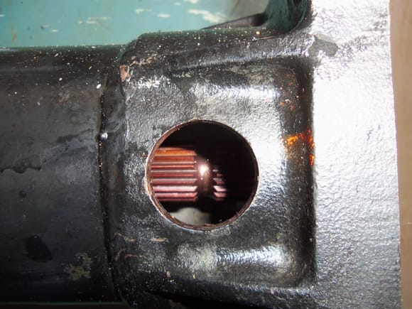 Cut out section of splines looking through the access hole at the transmission end of the torque tube.