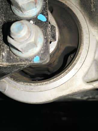 Close up of the OEM transmission mount bushing.  If there are cracks connecting the designed gaps, you need to replace the mount bushing before installing the FF inserts.  Mine were fine.  Note how the side foam pads are completely gone.