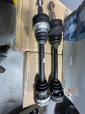 GKN shaft on the left and the OE on the right. I must assume they increased the shaft dia to add strength for the lack of hollow shaft. I have 3 or 4 sets of OE in stock for my track car but figured I would try these and see if they hold up to the expected 600hp I plan to push to the wheels. 