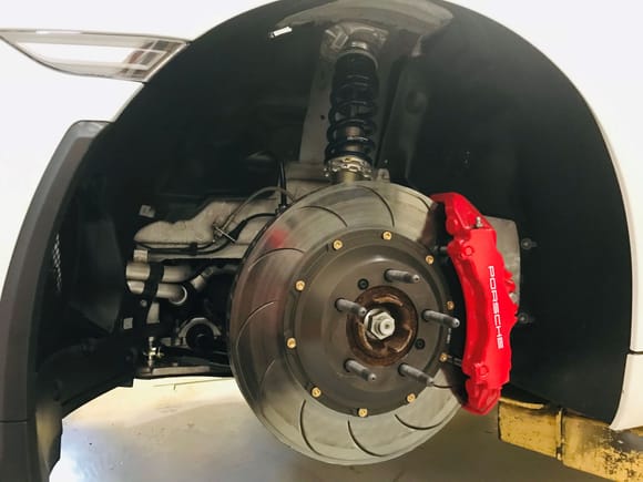 380mm Front Big Brake Kit with Pro System 2-Piece Floating Assembly and Brembo RE10 Brake Pads mounted on the 991/981 Front Upright