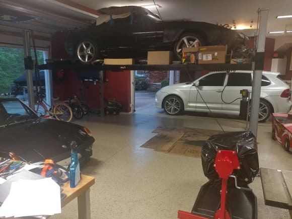 Once I finished all of that - reconfigured the garage for summer - boat is out and lift moved to the other bay for later trailer storage.  Now I don't have to move the 914 out in order to be able to lower the 928 for ground work