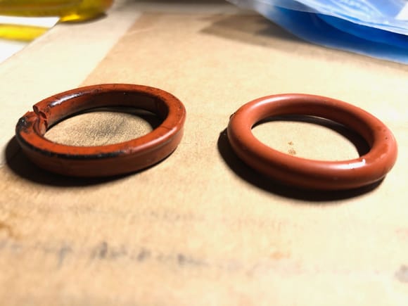 Petrified O-ring compared to a new one