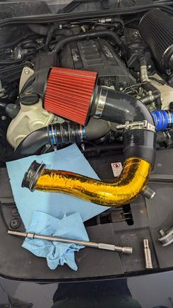 while I'm at it, let's clean up and redo the factory  turbo inlet pipes, gold heat tape 'em and get a fresh new filter. I wonder if I should have gone up to 4" or just 3" is fine.