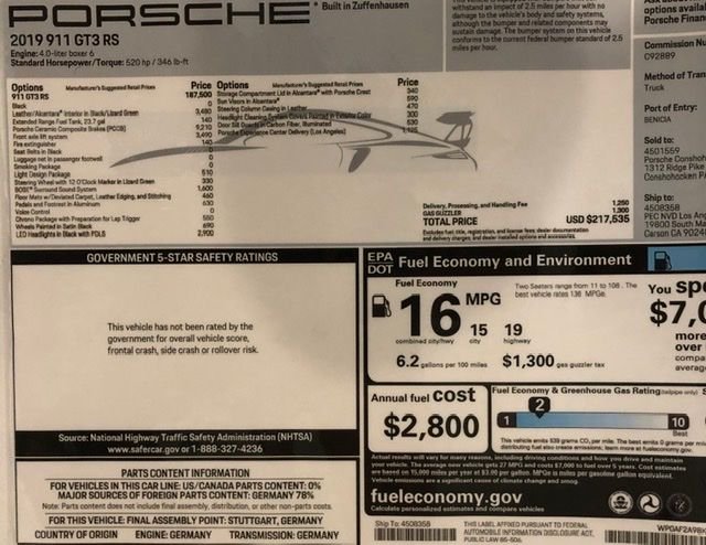 2019 Porsche GT3 - F/S 2019 Porsche GT3RS - Used - VIN WP0AF2A98KS165474 - 1,977 Miles - 6 cyl - 2WD - Automatic - Coupe - Black - Newbury Park, CA 91321, United States