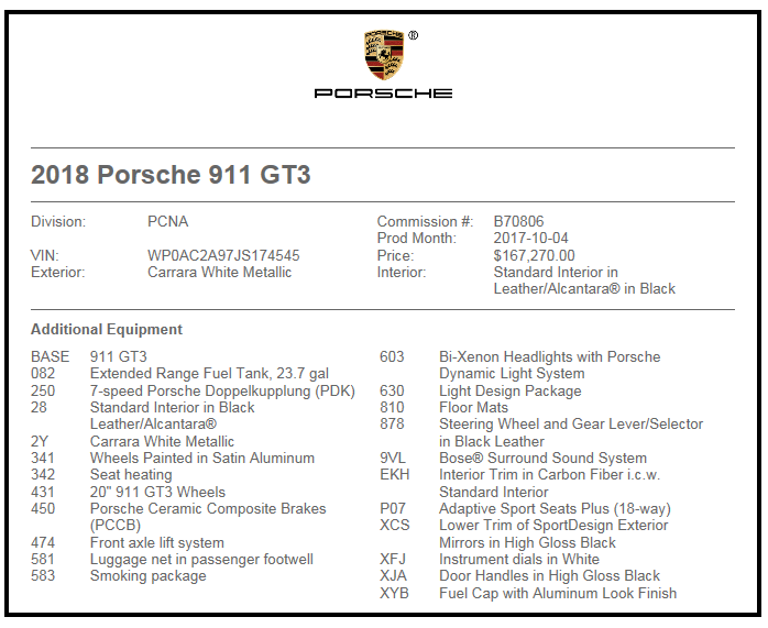 2018 Porsche GT3 - 2018 Porsche 911 GT3 - Used - VIN WP0AC2A971S174545 - 973 Miles - Coral Gables, FL 33146, United States