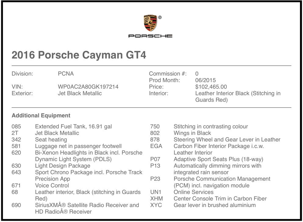 2016 Porsche Cayman GT4 - Porsche Cayman GT4 Jet Black Metallic - Used - VIN WP0AC2A80GK197215 - 17,500 Miles - 6 cyl - 2WD - Manual - Coupe - Black - Suwanee, GA 30024, United States