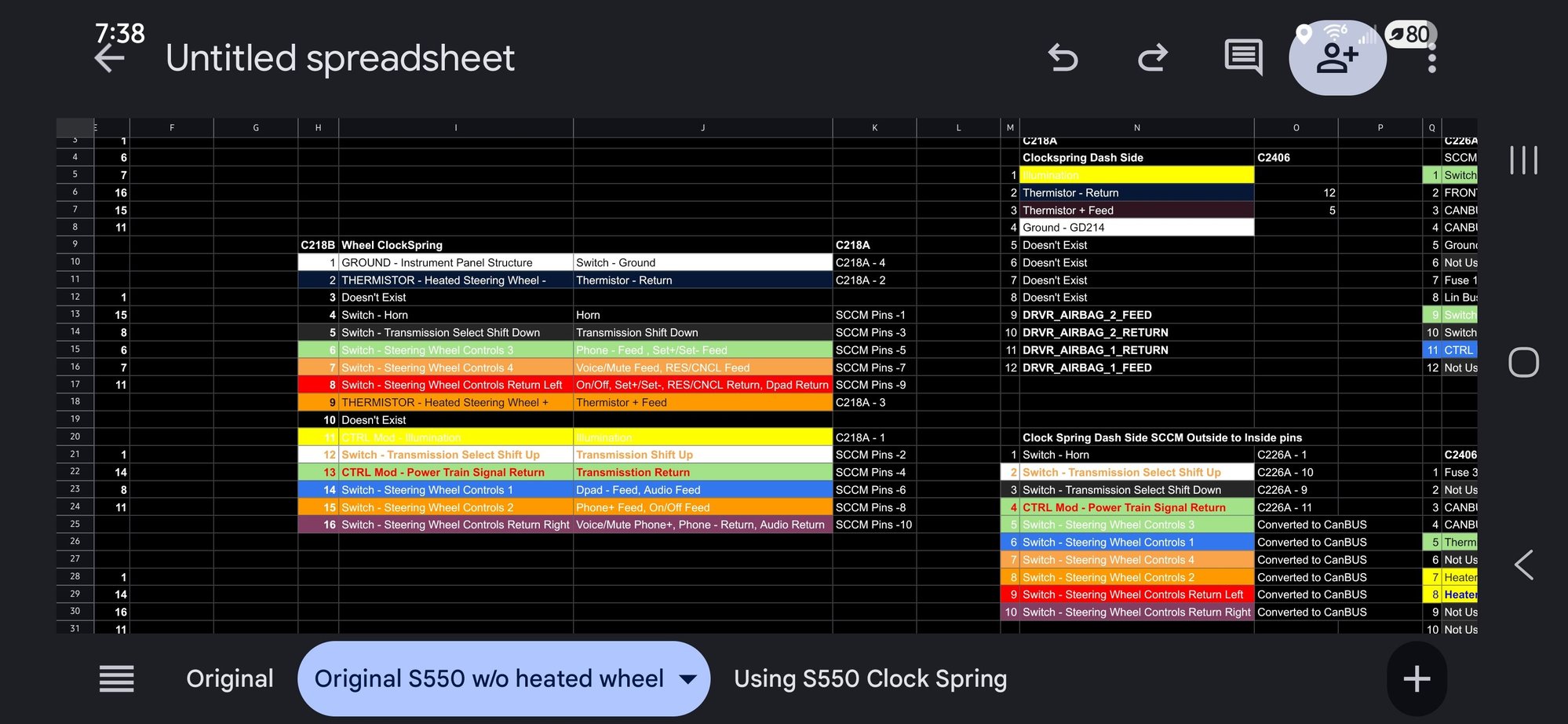 This screenshot is of the original s550 wiring connectors and how it routes through the clockspring. You can see that all of the data lines actually go into the SCCM along with the trans. And really the only thing that go through the basically connector are the illumination and horn.