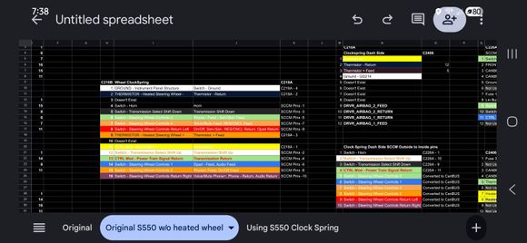 This screenshot is of the original s550 wiring connectors and how it routes through the clockspring. You can see that all of the data lines actually go into the SCCM along with the trans. And really the only thing that go through the basically connector are the illumination and horn.