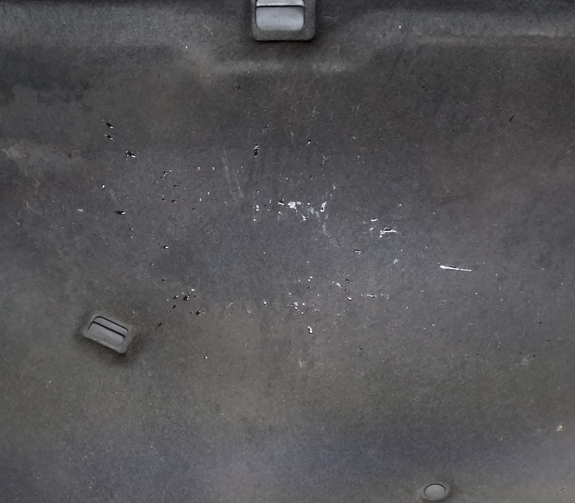 Oil splatter after driving on the underside of the hood