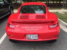 2016 Red Porsche 911 Turbo S spotted in Maryland. Taken by Andy Pullar.