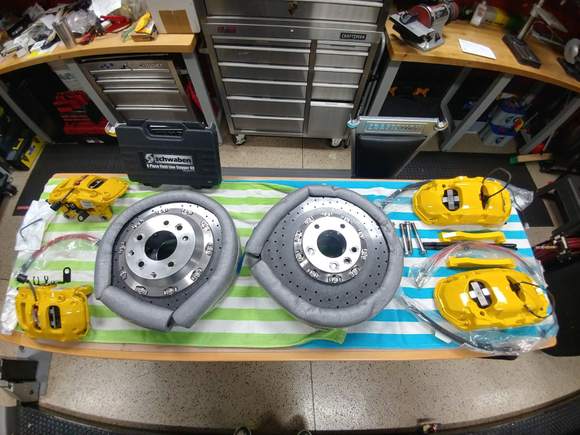 Rotors, Calipers, SS coated brake lines, etc ready for installation