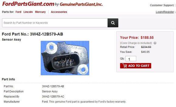 Aston Martin Vantage V8 OE Mass Airflow Sensor (MAF) FoMoCo #3W4Z12B579AB