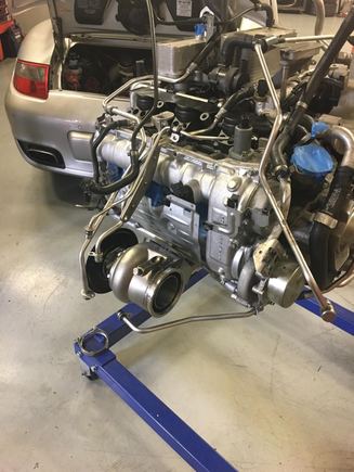 Here's a shot of the engine on the stand test fitting the turbos/headers before fabricating the mid-pipes to adapt this turbine housing to the BBi exhaust.