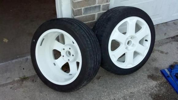 Summer Rims. S4 17" 225/45/17 Michelin pilot. Epic Tires in the rain and dry. Suck in the cold, big time. Powder coated toyota white.