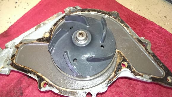 Blauparts supplied Saleri of Italy &quot;OEM (not Audi but several other OEM's by the way) QUALITY&quot; water pump after 74,000 miles. Leaks began at 72,000 miles.  Original OEM Pump with 125,000 miles still was not leaking. Note that impeller is plastic. Current Audi OEM pump has a steel impeller. Note gasket does not look good