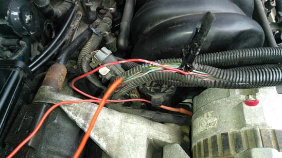Red Alternator wire spliced to what looks like pink fuel injector wire.  Red wire dangling in forefront comes out of same harness yet is unconnected.