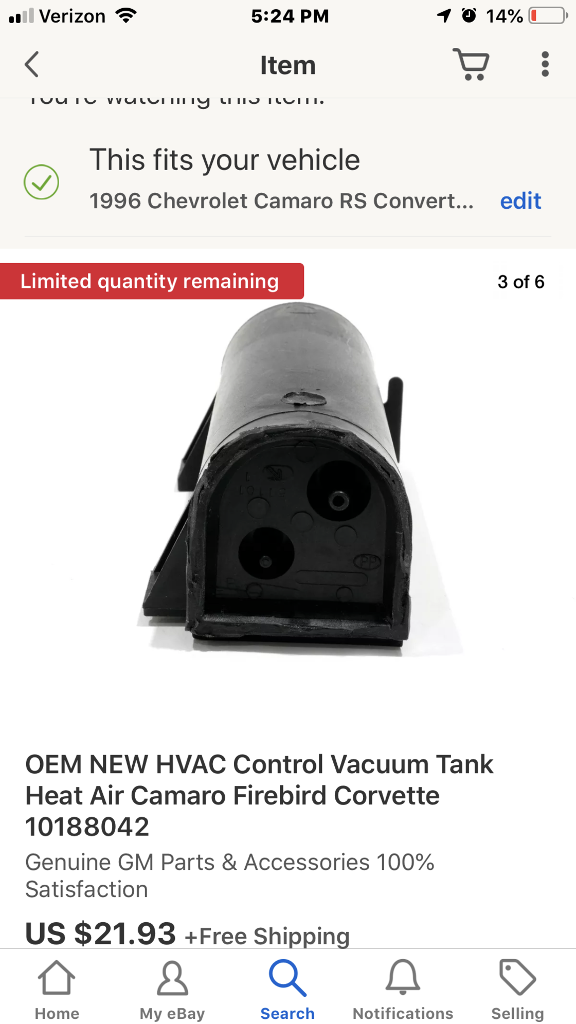 OEM NEW HVAC Control Vacuum Tank Heat Air Camaro Firebird Corvette 10188042