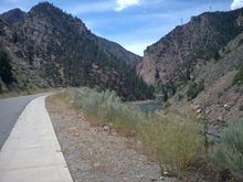 Black Canyon, Gunnison river. Morrow Point Dam, looking west from below dam