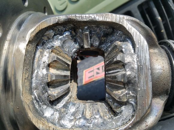 This its whats inside probly cant be identified either lol.
I would have liked to weld 1/4" plate make the carrier span its load better side to side. Thats what i did on 14ff. You cant on c clip axle have to be able to get clips out.

These welds are with 035 flux core wire burning pretty good out of a hobart 180.
Have to be careful where how much and when you weld or youl just be cracking the last weld.
Cast steel is alot more forgiving than cast iron.

My dana 35 currently under my rig is the 