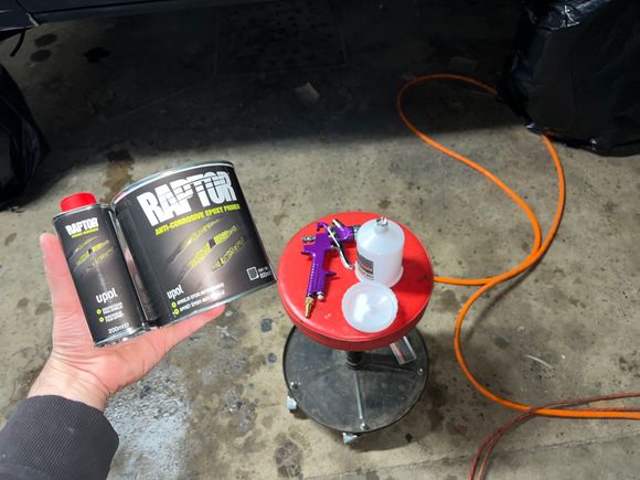 I used U-Pol’s Raptor primer and a cheapie Harbor Freight spray gun for this job 