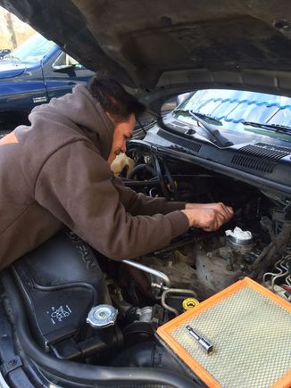 My son Torquing the last bolt