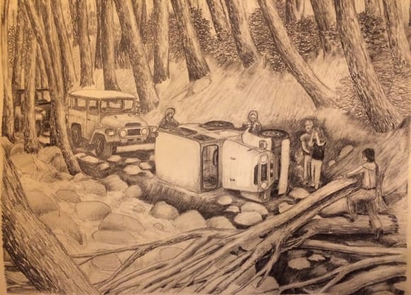 Drawing I did of an Off Road adventure I was in back in 1976 with friends. How do you like their FJ40's