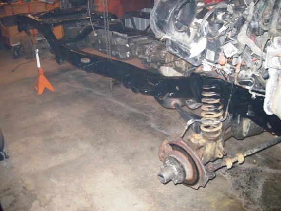 Due to bad weather it took two weeks but, I finally got the frame sandblasted &amp; painted. Got her back in the garage and ready to take the frontend off for 5" lift and rebuild.