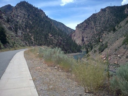 Black Canyon, Gunnison river. Morrow Point Dam, looking west from below dam