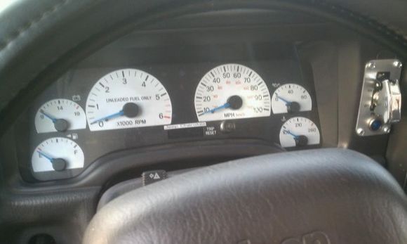 Florescent blue gauge needles on white gauges.