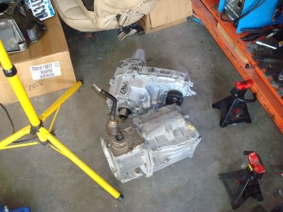 My t-case and tranny. My tranny is a T-4 but it needs to be rebuilt so i'm going to get a T-5 instead. My t-case is NP207 and i just got it rebuilt.