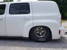 Rear tire space is at a premium, but the wheelie bar is a requirement for this beast.