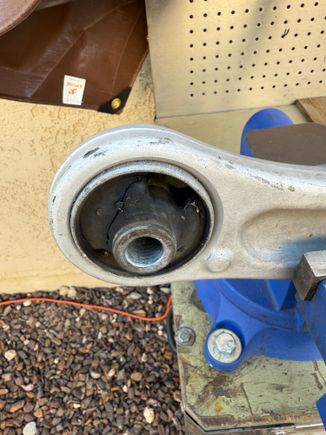 Moog replacement control arm with worn bushing after 2 years of service in my son’s 2008.  I replaced these arms years ago and saved these as extras.  