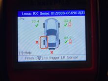 Autel MaxiTPMS sensor scan revealed the LR sensor was dead, RF and RR were low on battery. 