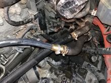 Slowly I have removed both lines from block and used barb coupler male to male 5/8 to attach my hoses to heater core hoses.one of mine hoses was coolant black line 5/8 and other one was Clear hose ,in order to see any dirt during cleaning heater core.