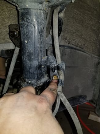 Undo this bolt to free the brake line from the strut.