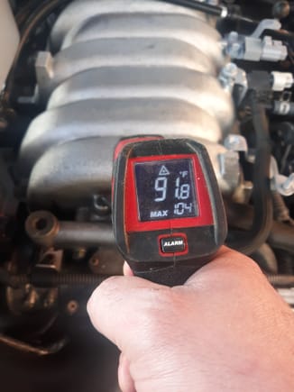 After 70 MPH highway driving, thermal readings range berween 91 - 104 degrees Fahrenheit
 Prior to application of thermal barrier, the i take was way too hot to touch.


