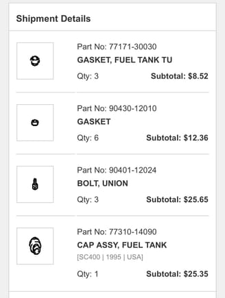 The bolts, gaskets and rubber grommets were all so crusty, I just decided to get these parts new from Lexus. I don’t want to deal with any leaks. 

Got a new gas cap for good measure as well. 