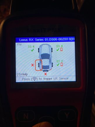 Autel MaxiTPMS sensor scan revealed the LR sensor was dead, RF and RR were low on battery. 