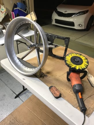 My rig for polishing, used an old chair swivel and some blocks. Using a Harbor Freight variable speed polisher (3,500 RPM) with Zephyr pads and compound.