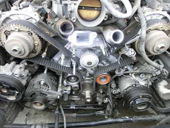 Front of engine showing orientation of timing belt components...NOTE: This is an LS430 engine.