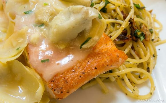 salmon pasta with artichoke hearts and capers sauce