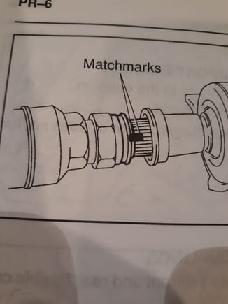 Shop Manual image depicting the driveshaft center bearing (far right) and driveshaft nut(middle) that must be loosened to shorten shaft length at splined area for removal. The flats area of driveshaft (middle left) is to hold driveshaft in place 