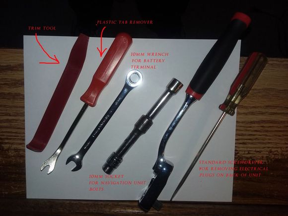These are the tools you'll need to pull your Nav unit out of the dash.  I would also include a nice thick towel to drape over the gearshift when you're disconnecting the plugs from the back of the unit.